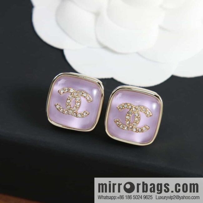 [Single price] New CHANEL Chanel c1 double c square pink blue purple white stud earrings - Image 2