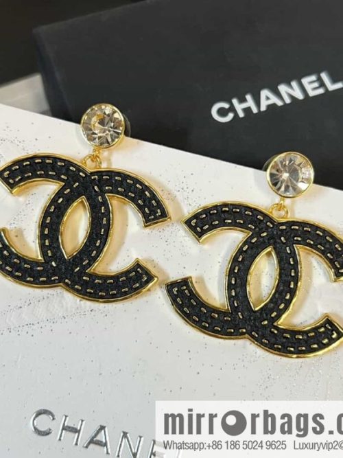 New ☑️ CHANEL Chanel c2 double c black leather round diamond stud earrings