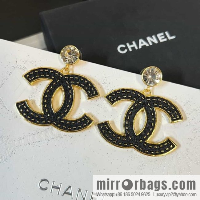 New ☑️ CHANEL Chanel c2 double c black leather round diamond stud earrings