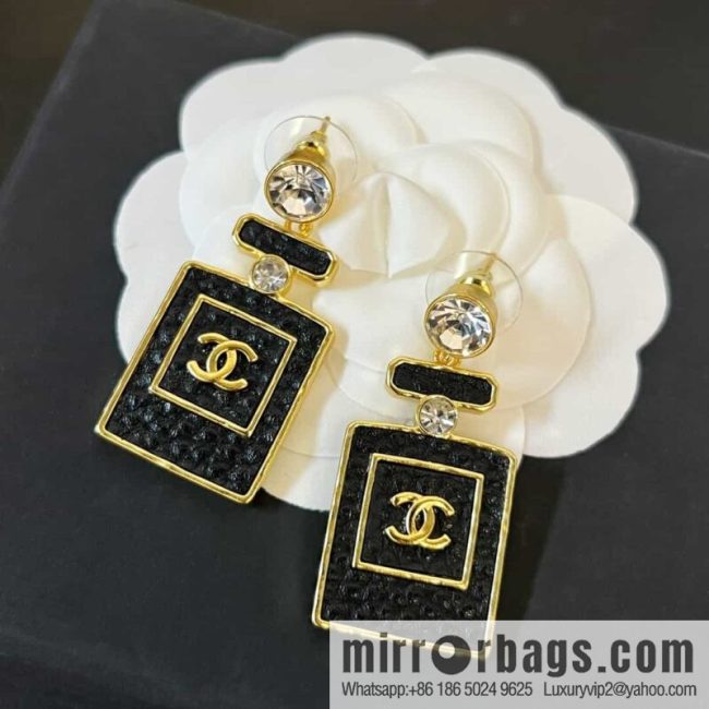New ☑️ chanel c2 double c black leather perfume bottle stud earrings