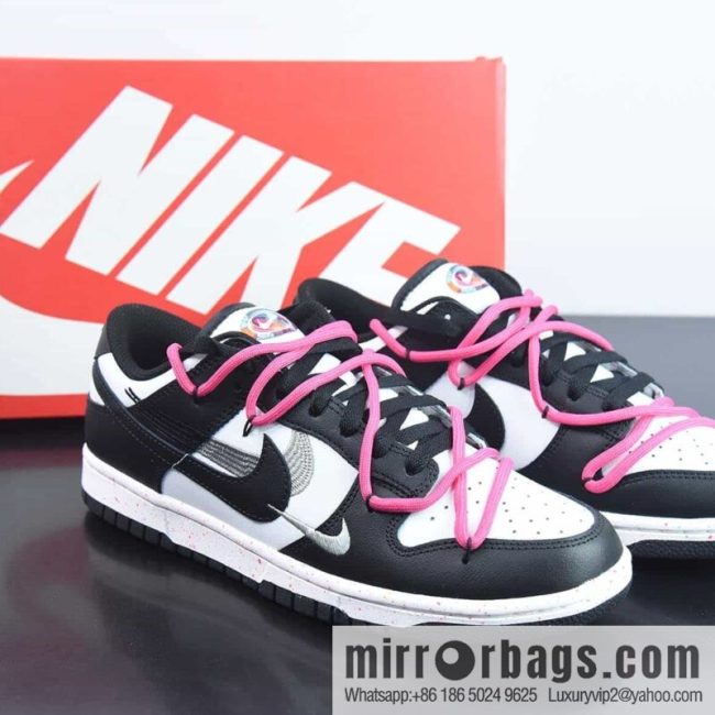 Nike SB Dunk Low \"Multi-Color/Swoosh\" Slam Dunk Series Low Top Casual Sports Skateboard Shoes \"Panda Black and White Pink Strap Three Hooks\" Item Number: FD4623-133