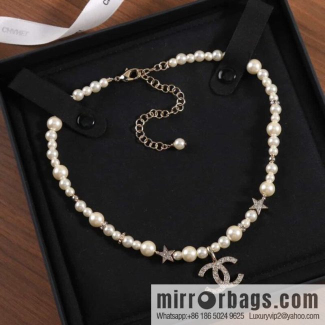 New ☑️ Chanel Full Diamond Double C Pentagram ⭐ Pearl Necklace Necklace