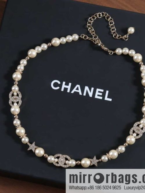 New ☑️ Chanel Full Diamond Double C Pentagram ⭐ Pearl Necklace Necklace