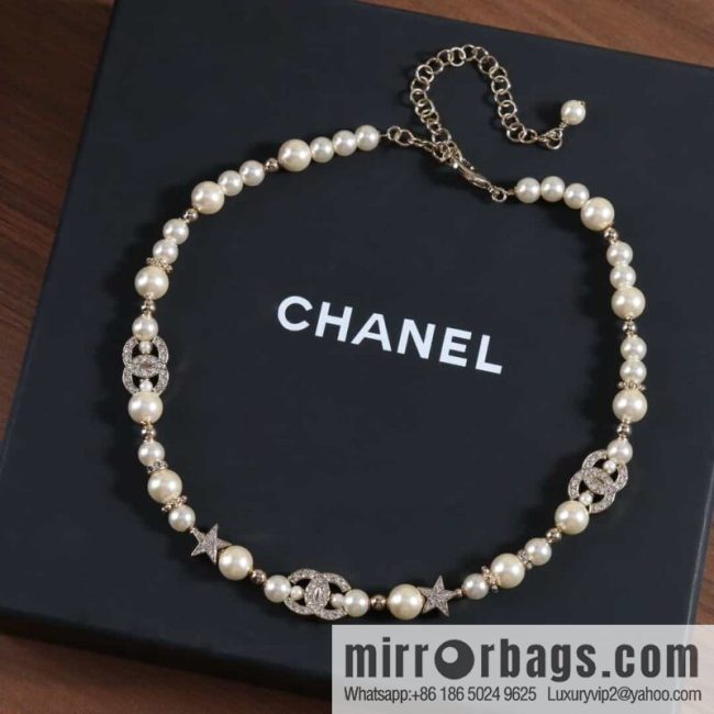 New ☑️ Chanel Full Diamond Double C Pentagram ⭐ Pearl Necklace Necklace