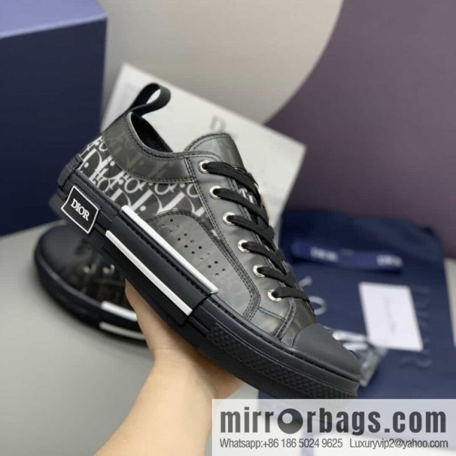 DIOR Dior Unisex low-top shoes with clear mesh fabric inserts and grey Oblique printed canvas
