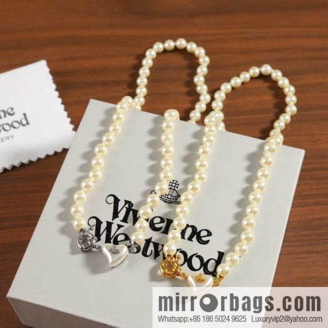 New ☑️ Vivienne Westwood Queen Mother peach heart love Saturn pearl necklace