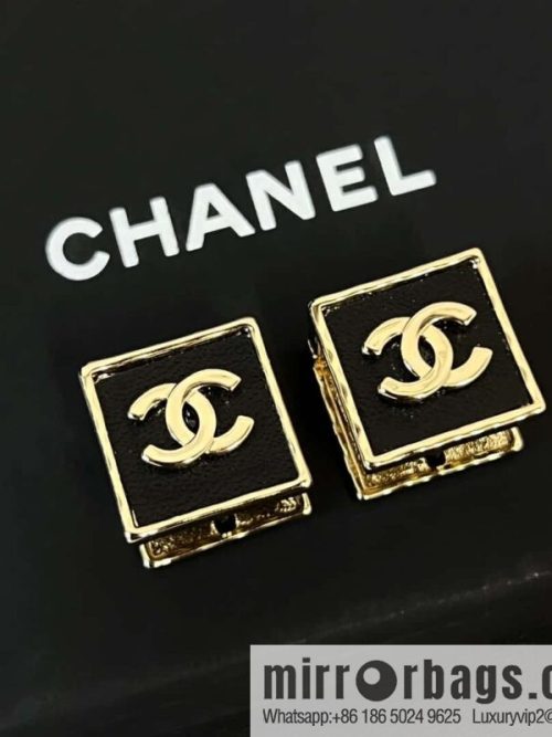 New ☑️ Chanel double c square black leather stud earrings