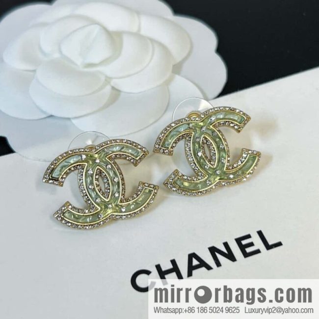 New ☑️ CHANEL Chanel c1 double c with drill green acrylic stud earrings