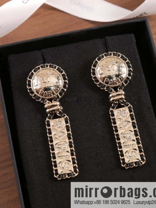 New ☑️ Chanel C2 black leather rope ancient coin stud earrings