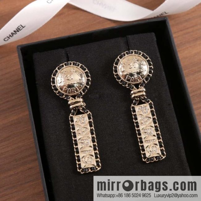New ☑️ Chanel C2 black leather rope ancient coin stud earrings