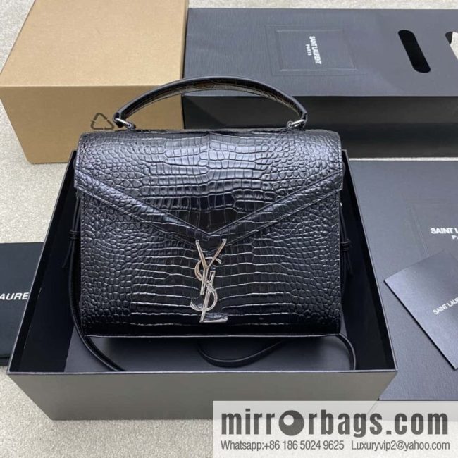 CASSANDRA series new original leather pressed crocodile pattern black crocodile/silver buckle Model: 578000