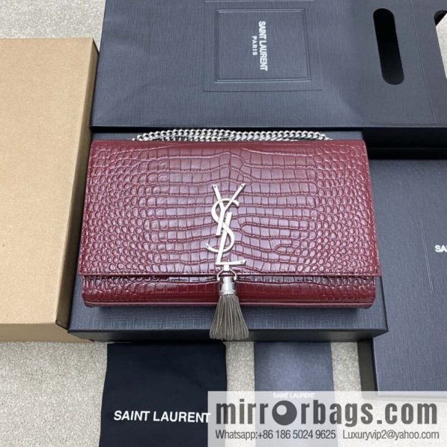 Y\'s most classic style Kate crocodile pattern chain strap crossbody bag jujube crocodile/silver buckle Model: 377829