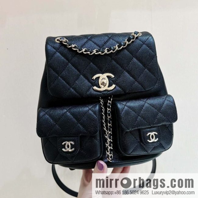 CHANEL 23P spring and summer trailer series, lychee leather duma double backpack AS3860 black