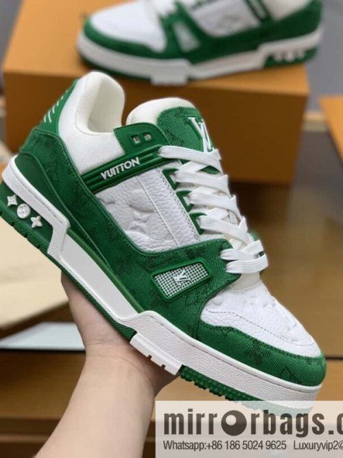 LV green denim patchwork white leather Vuitton logo His & Hers sports running shoes