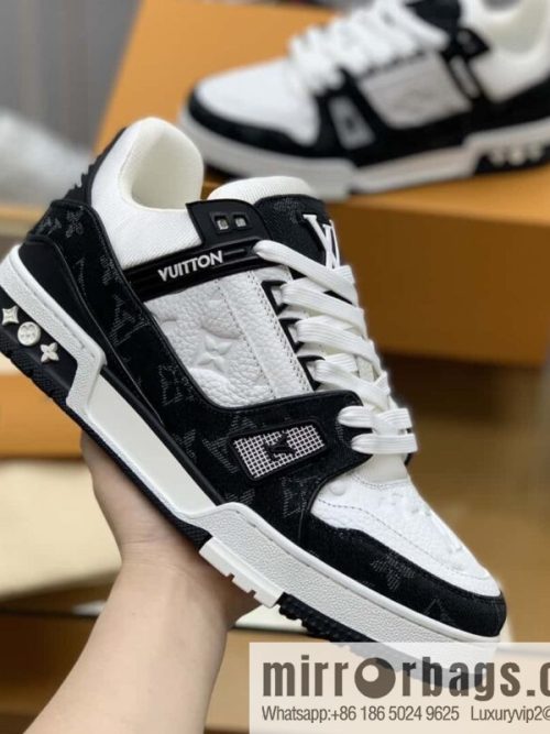 LV black denim patchwork white leather Vuitton logo His & Hers sports running shoes