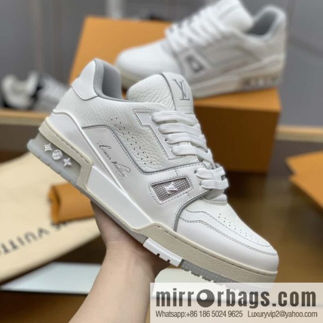 LV White Calfskin Vuitton Logo His & Hers Sports Casual Shoes