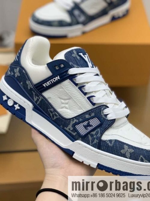 LV blue denim patchwork white leather Vuitton logo His & Hers sports running shoes