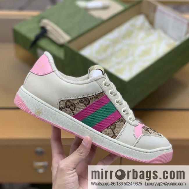 GUCCI GG canvas pink and green webbing, women\'s dirty shoes