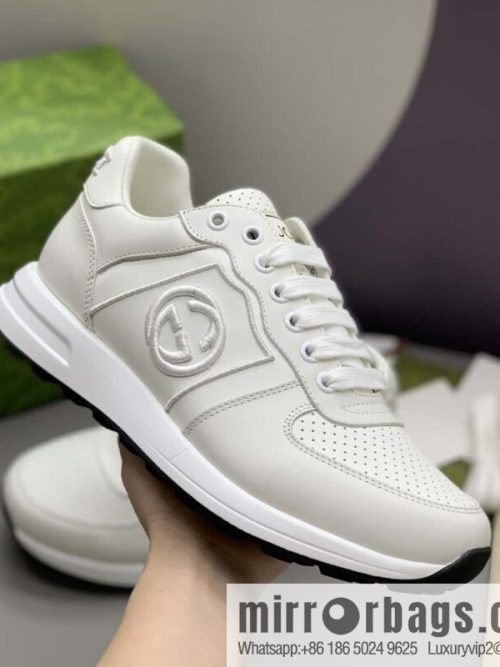 GUCCI white leather embroidery logo men\'s sports and leisure shoes