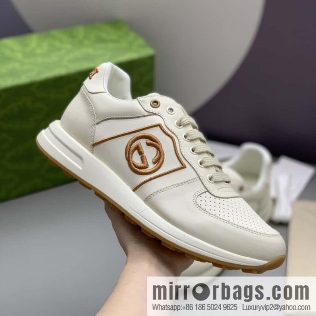 GUCCI beige leather embroidery logo men\'s sports and leisure shoes