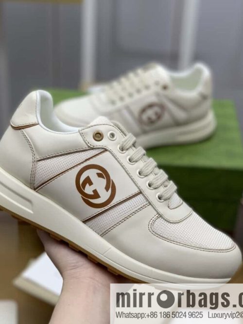 GUCCI beige leather with beige mesh, men\'s sports running shoes