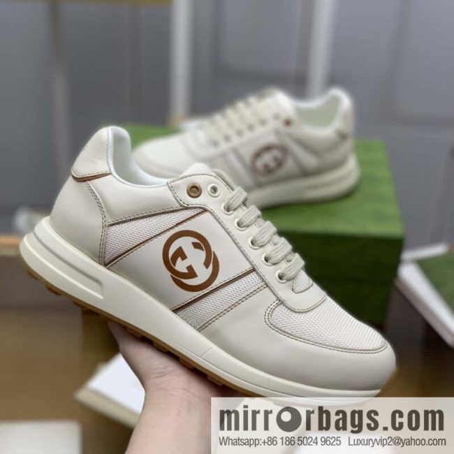 GUCCI beige leather with beige mesh, men\'s sports running shoes