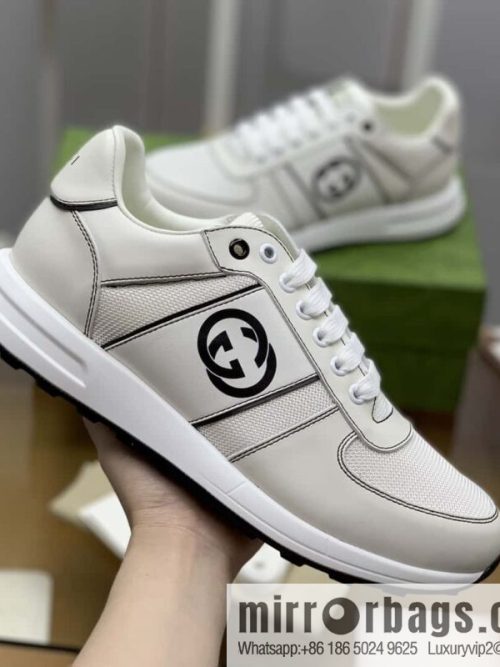 GUCCI white leather with white mesh, men\'s sports running shoes