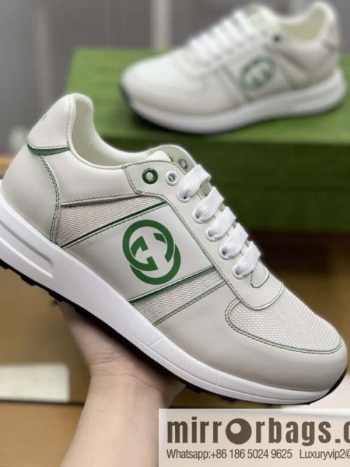 GUCCI white cowhide with white mesh, men\'s sports running shoes