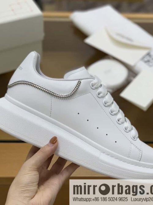 Alexander McQueen All-White Zipper, White Calfskin Round Head Sneakers