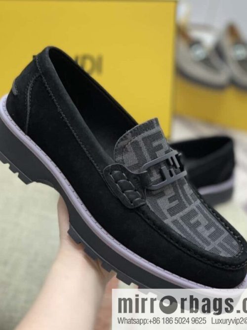 FENDI black and grey FF jacquard fabric, men\'s loafers