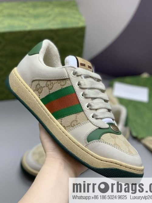 GUCCI Beige Classic GG canvas and distressed leather, small dirty shoes for men and women