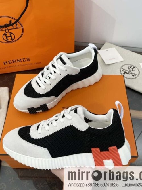 Hermes black and white panda mesh breathable sneakers
