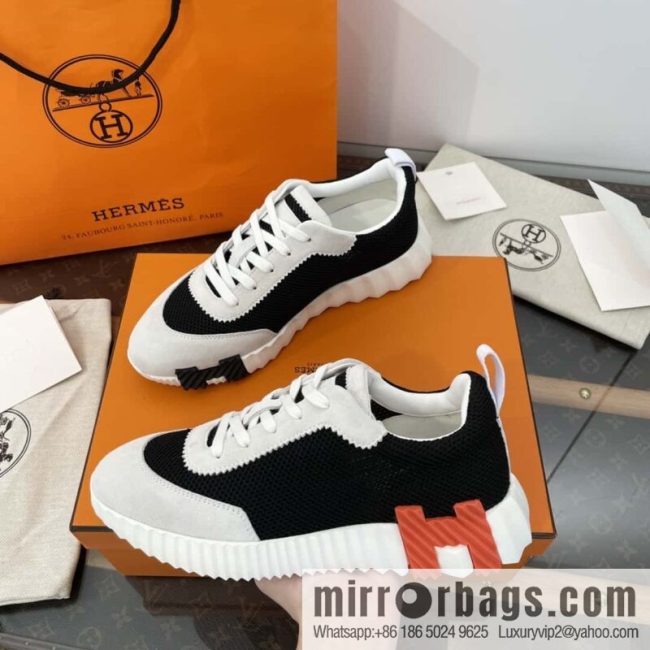 Hermes black and white panda mesh breathable sneakers