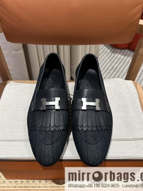Hermès H\'s classic loafers, fringed denim with dark blue silver buckle