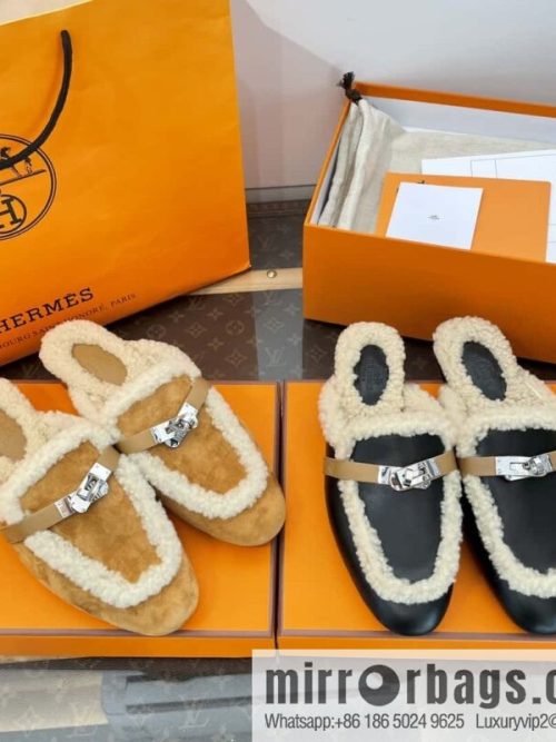 Hermès Sheepskin Button Muller Half Trail Fluffy Shoes