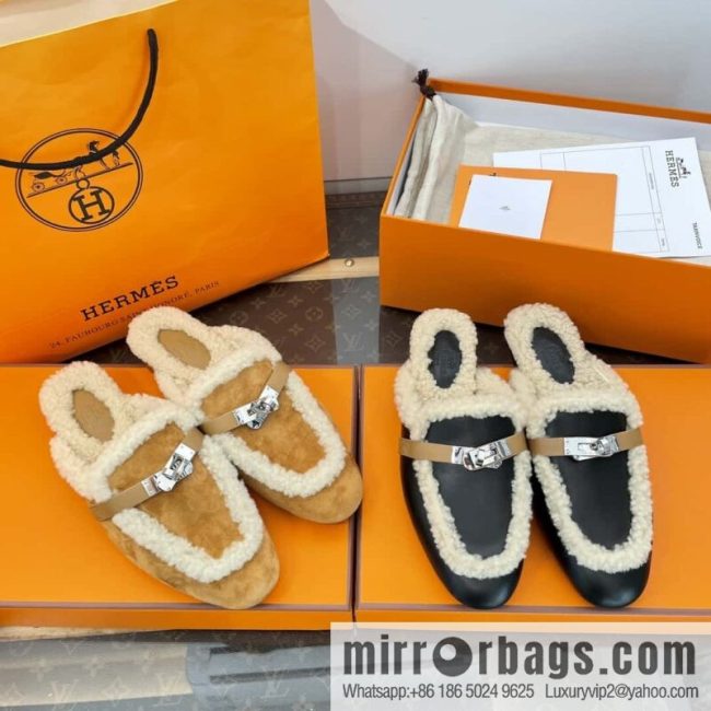 Hermès Sheepskin Button Muller Half Trail Fluffy Shoes