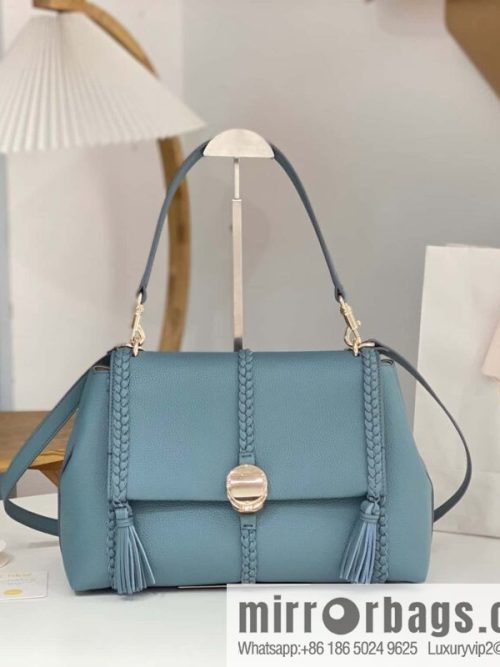 Chloe Penelope Gold Coin Bag, Large Dropped Leather, Haze Blue 35cm
