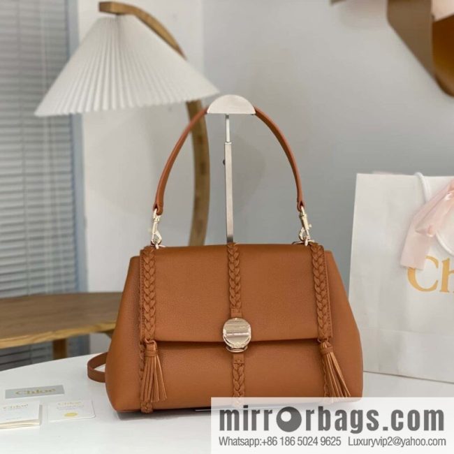 Chloe Penelope Gold Coin Bag, Large Dropped Leather, Brown 35cm