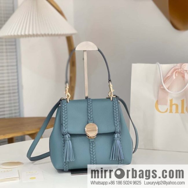 Chloe Penelope Gold Coin Bag, Medium Dropped Leather, Haze Blue 25CM