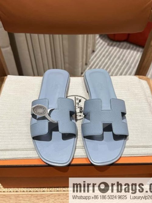 Hermès leather outsole H slippers, haze blue