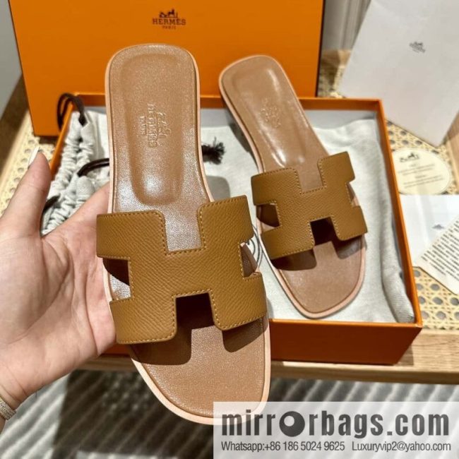 Hermès leather outsole H slippers, brown