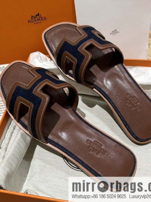 Hermes, brown denim slippers.