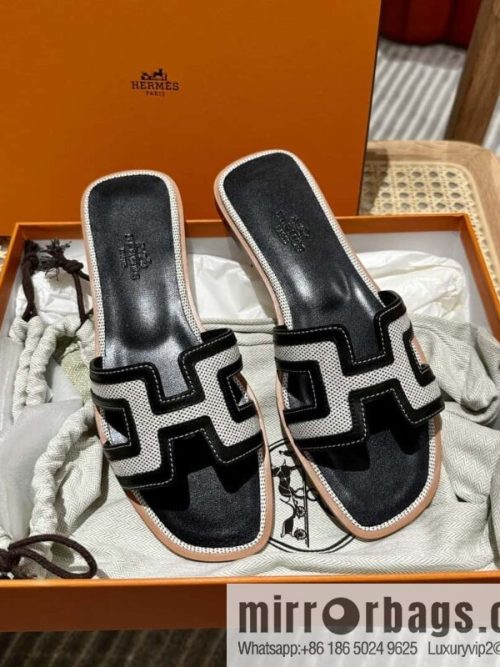 Hermes, canvas leather slippers