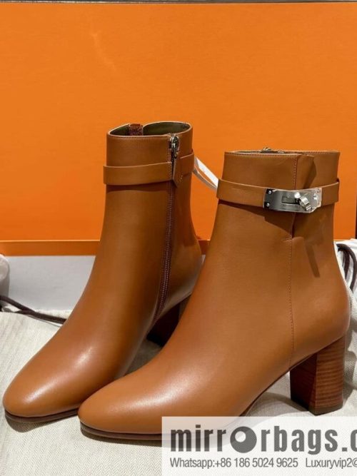 Hermès Kelly Buckle, Calfskin High Heel Boots, Brown