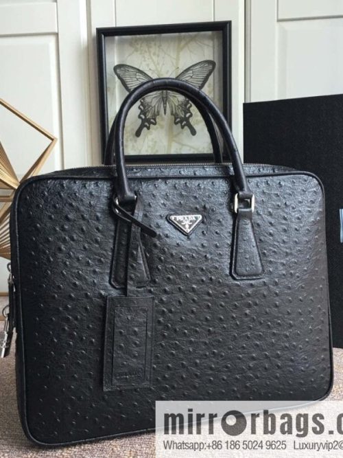 PRADA imported leather ostrich pattern briefcase 2VE368 black