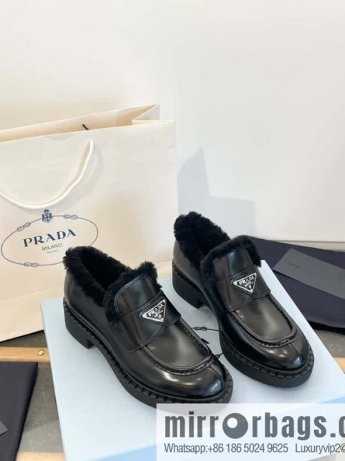 PRADA autumn and winter triangle standard wool and fleece platform loafers