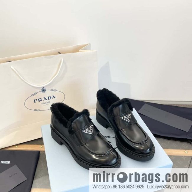 PRADA autumn and winter triangle standard wool and fleece platform loafers