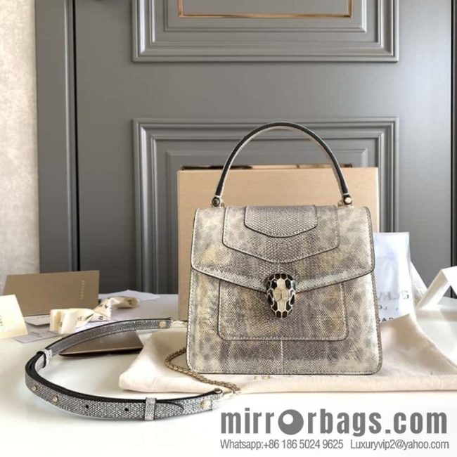 BVLGARI Bulgari Sprpenti Forever water snake skin inner small sheepskin tote bag 18CM 383292 Milk protein stone metal texture