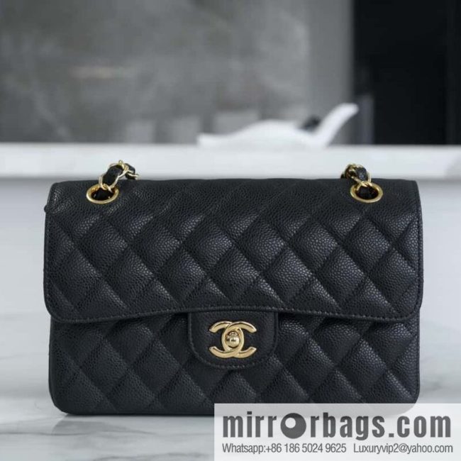 CHANEL \"Classic Flap\" classic mouth cover bag, black cow gold, small 〰️ A01113