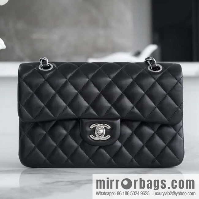CHANEL \"Classic Flap\" Classic Mouth Cover Bag, Black Sheep Silver, Small A01113
